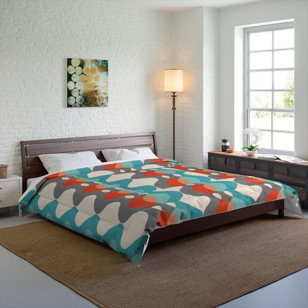Mid Century Mod Wavy Lines Retro Orange, Blue, Off-White and Grey Comforter | lovevisionkarma.com