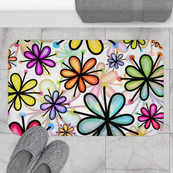 Groovy Flower Doodle Watercolor Style Colorful Bath Mat | lovevisionkarma.com