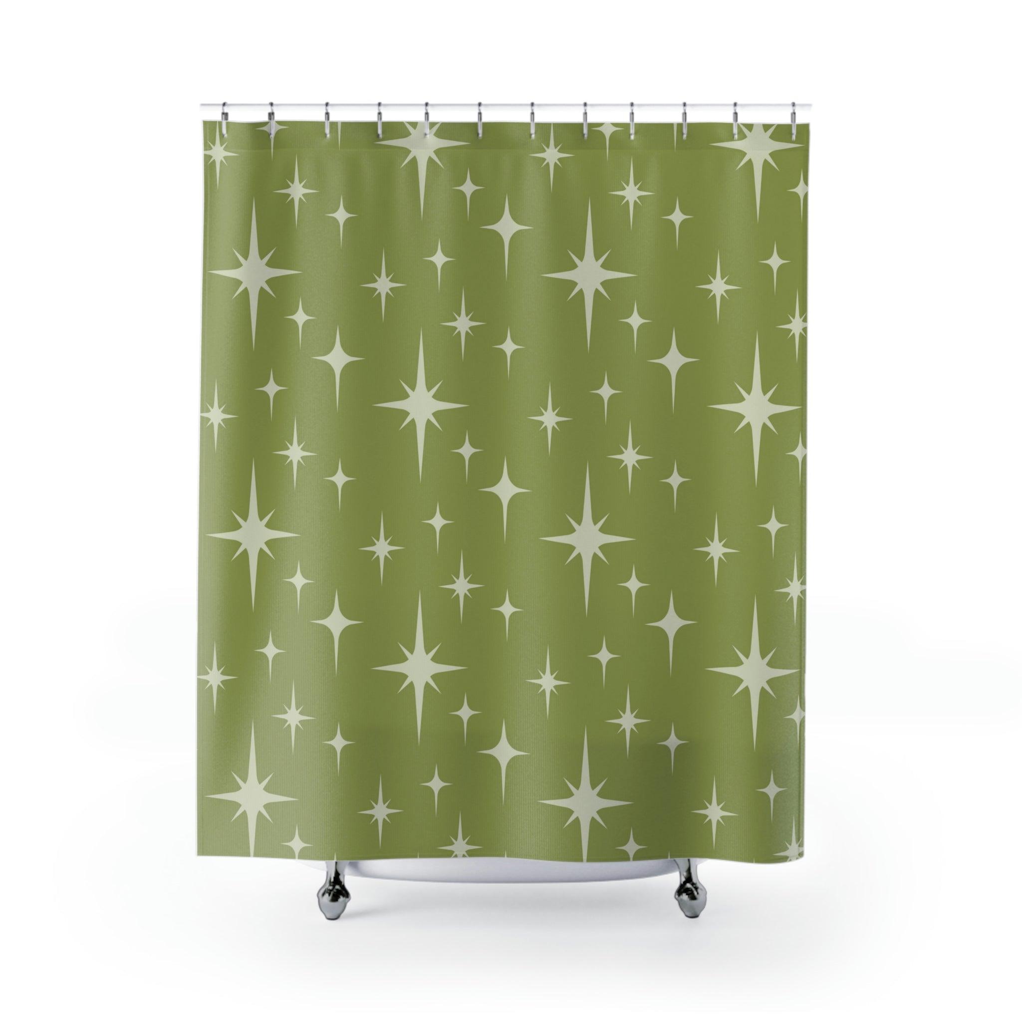 Retro 1950s Atomic Starburst Mid Century Green Shower Curtain | lovevisionkarma.com