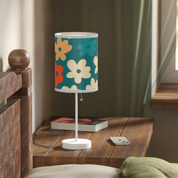 Boho Retro Flowers Teal MCM Tabletop Accent Lamp | lovevisionkarma.com