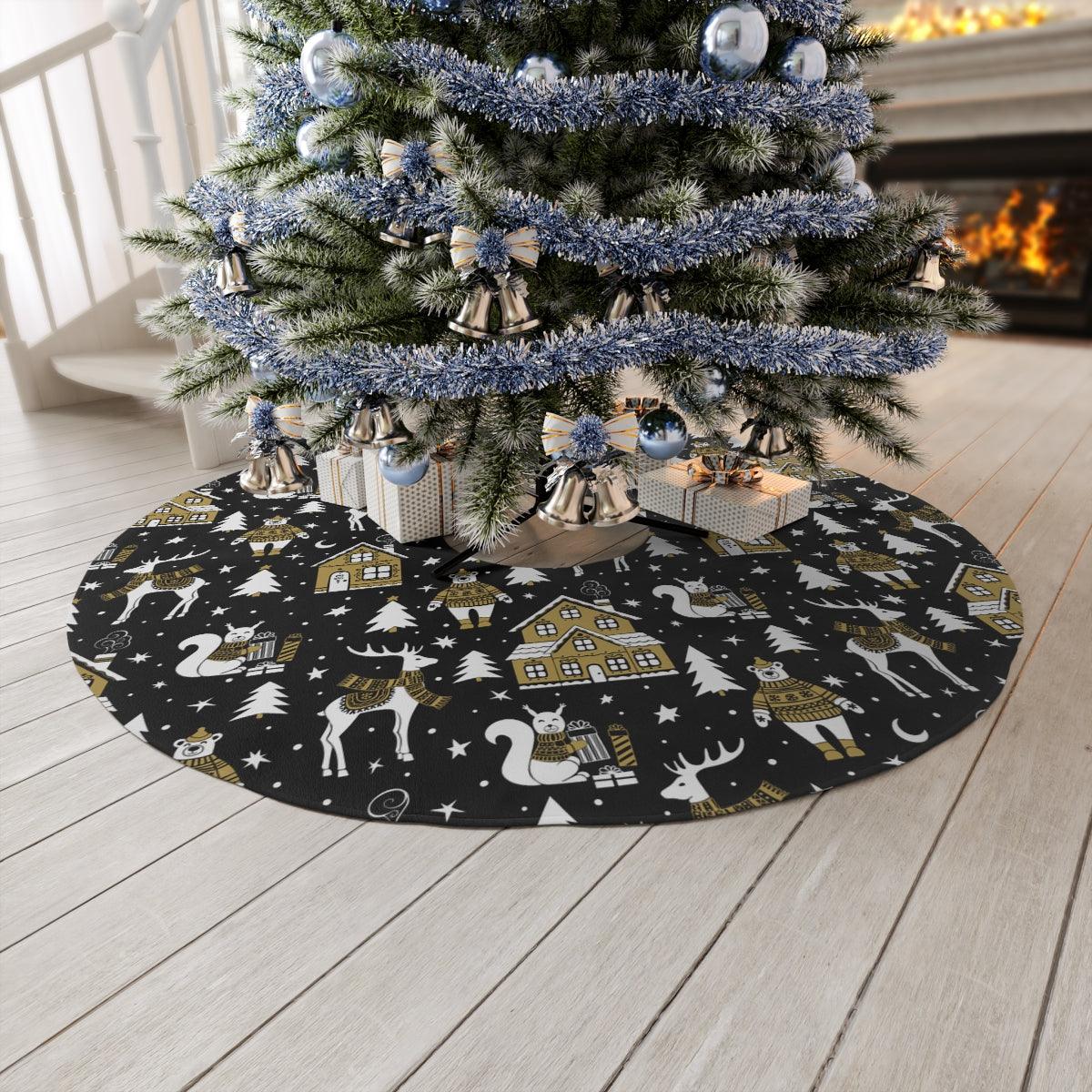 Nordic Winter Scene Black & White Scandi Christmas Tree Skirt | lovevisionkarma.com