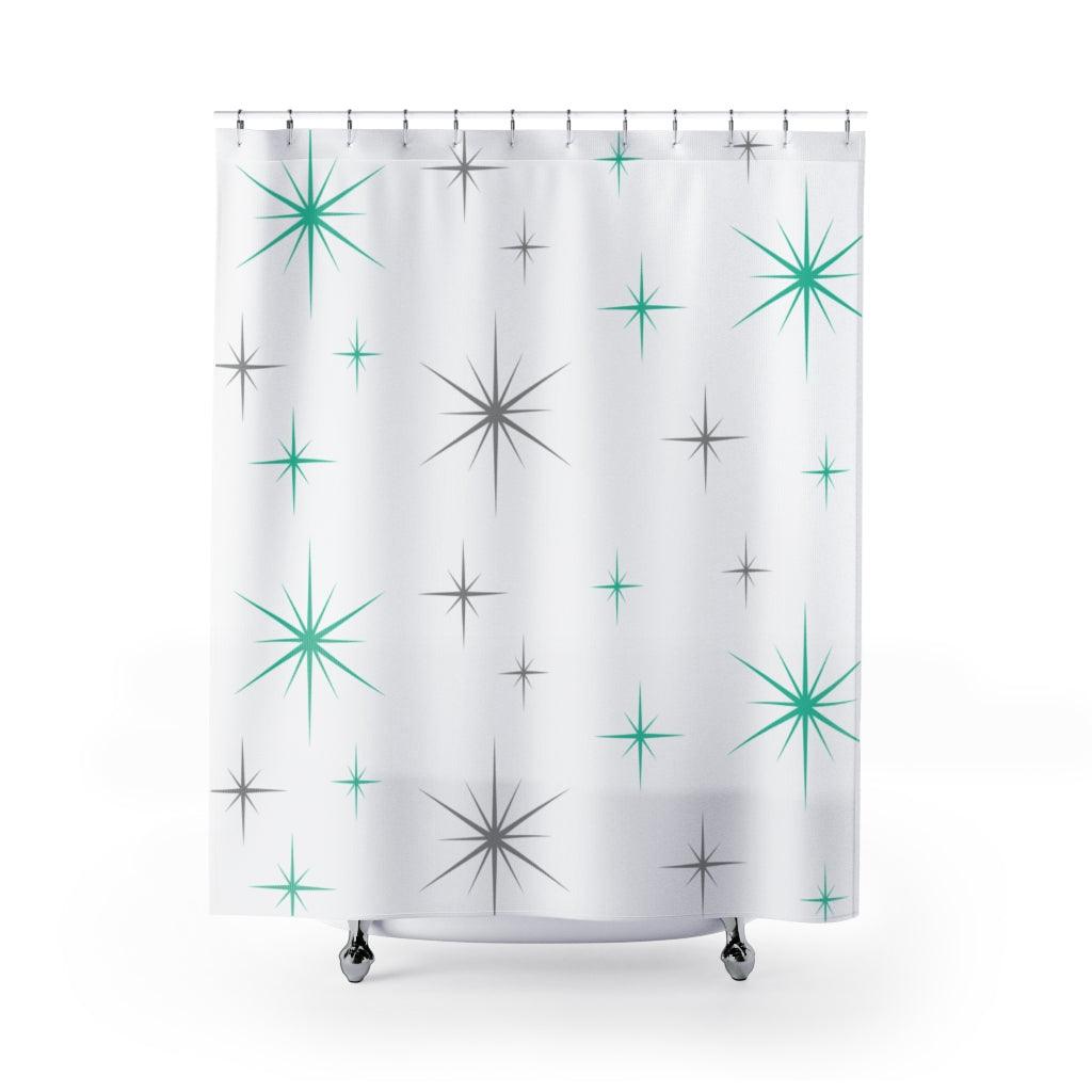 Starbursts 50s, 60s Mid Century Modern Teal & Grey Shower Curtain | lovevisionkarma.com