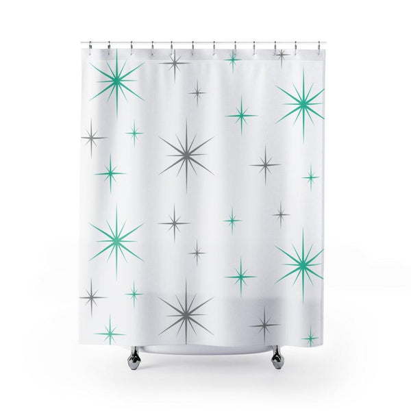 Starbursts 50s, 60s Mid Century Modern Teal & Grey Shower Curtain | lovevisionkarma.com