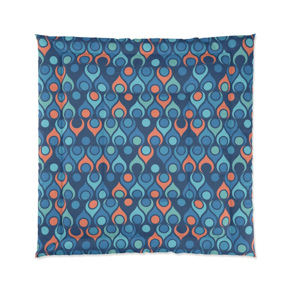 Retro Mid Century Mod Geometric Blue & Coral Orange Comforter | lovevisionkarma.com