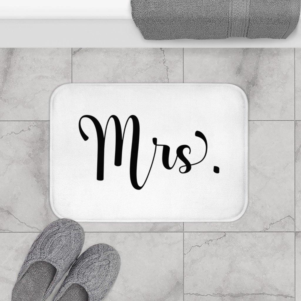 "Mrs." White Modern Minimalist Bath Mat | lovevisionkarma.com