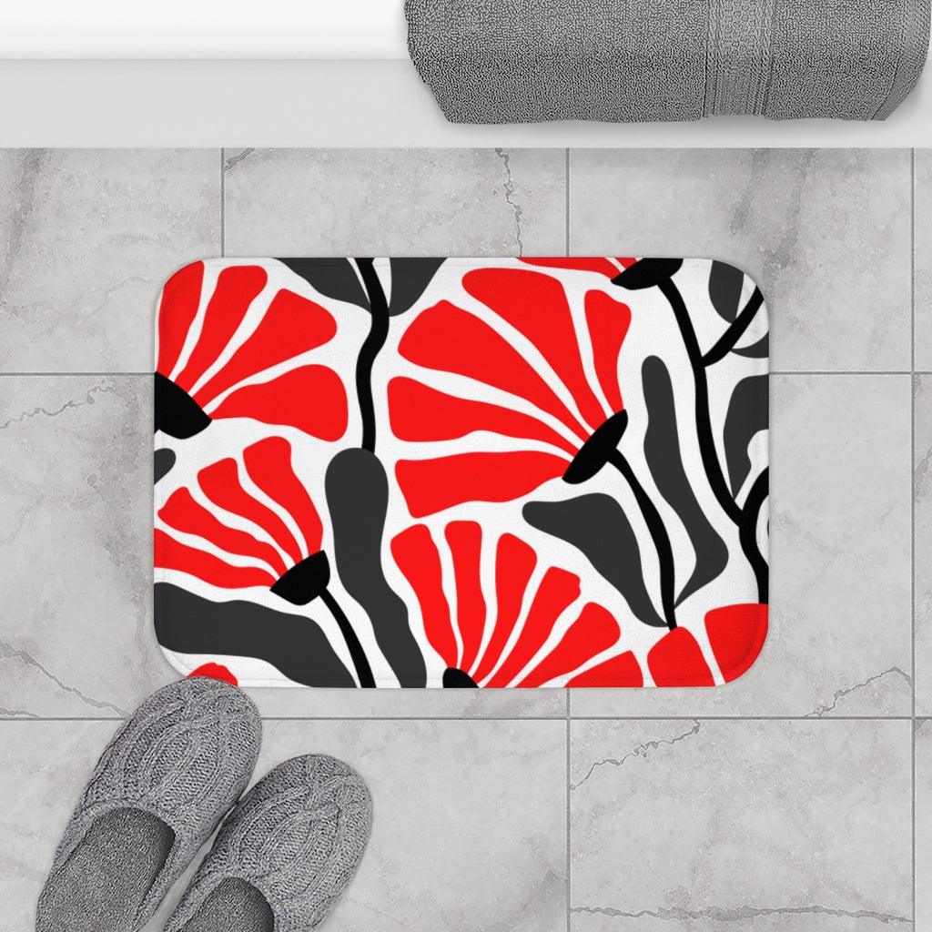 Groovy Abstract Flowers Red/Black/White/Gray MCM Bath Mat | lovevisionkarma.com