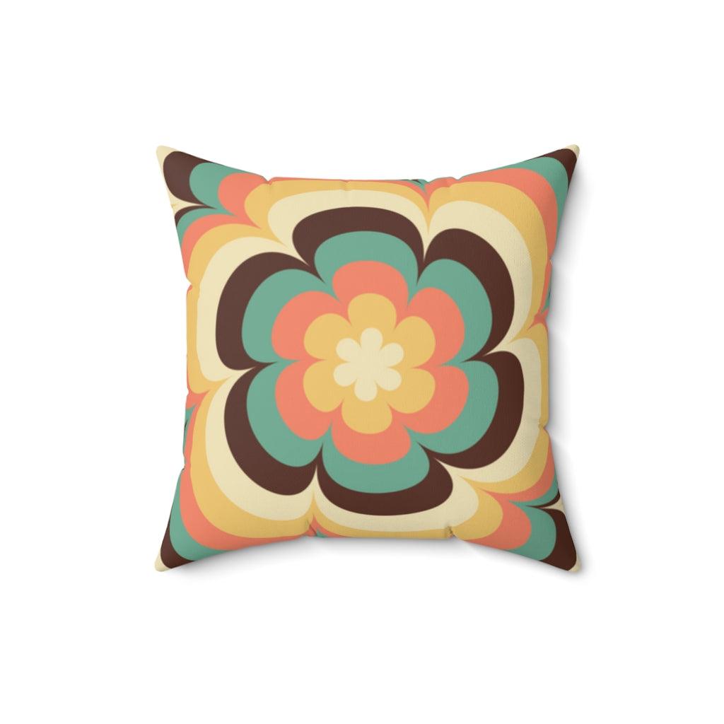 Retro 60s 70s Groovy Flower Brown, Yellow, Coral & Green Pillow | lovevisionkarma.com