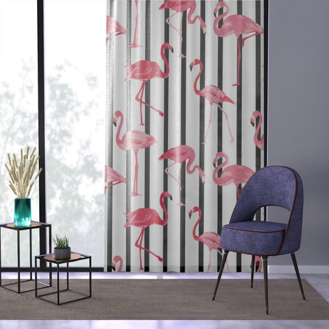 Retro Mod Pink Flamingos and Black & White Stripes Sheer Window Curtain | lovevisionkarma.com