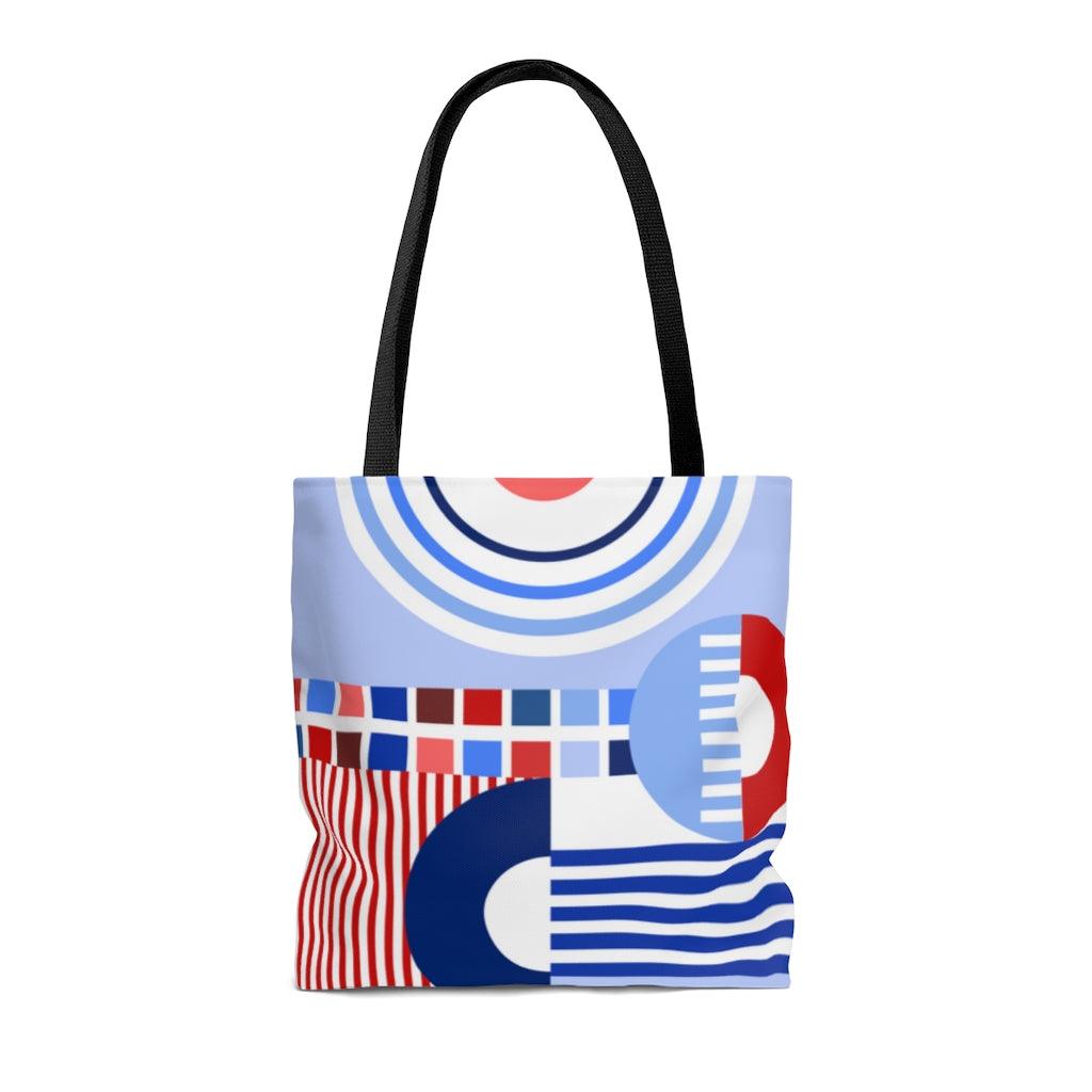 Retro Bauhaus Abstract Geometric Blue, Red and White Tote Bag | lovevisionkarma.com