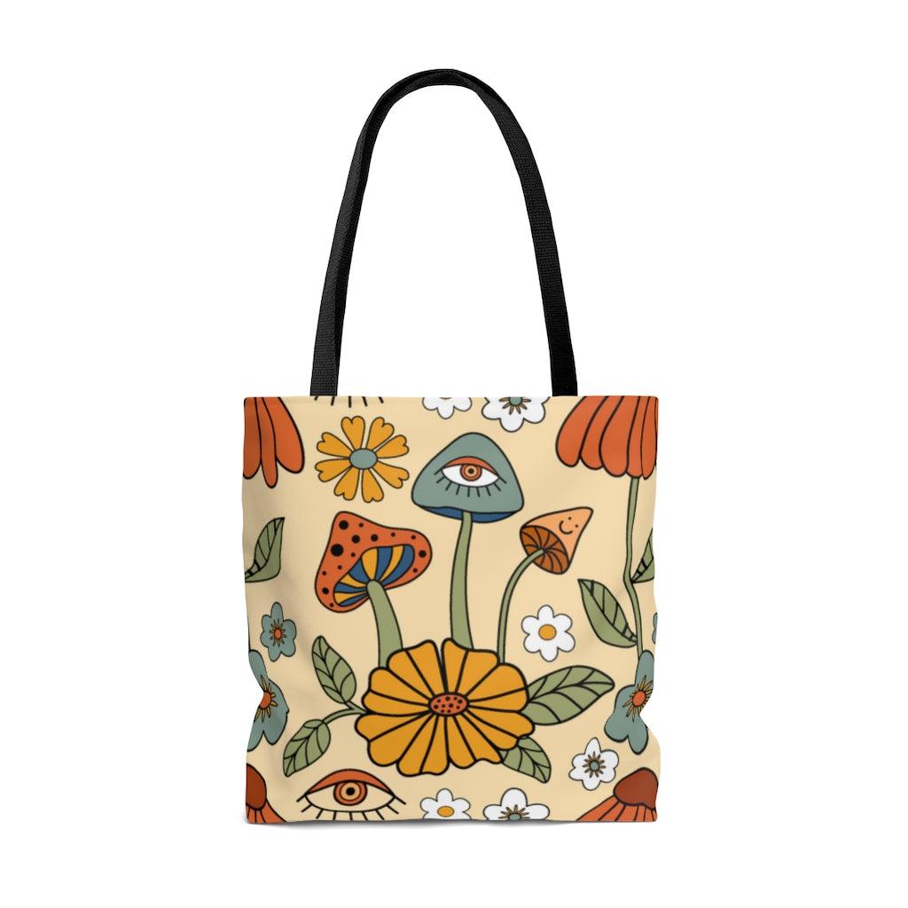 Retro Trippy Mushroom Hippie Flower Tote Bag | lovevisionkarma.com
