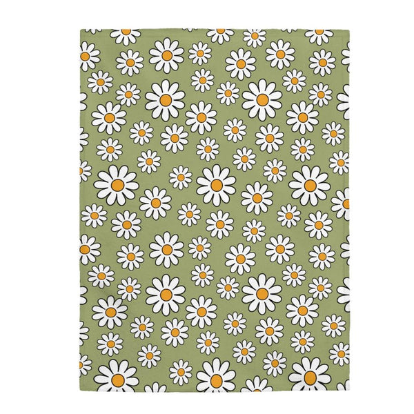 Retro Boho Daisies MCM Sage Green Velveteen Lightweight Blanket | lovevisionkarma.com