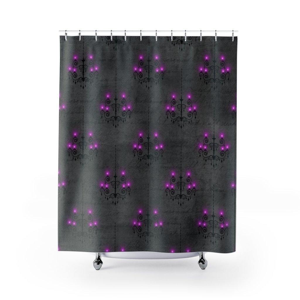 Eerie Chandeliers Purple & Grey Halloween Shower Curtain | lovevisionkarma.com