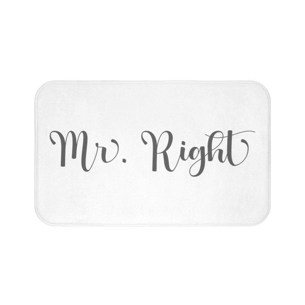 "Mr. Right" White with Dark Gray Lettering Modern Minimalist Bath Mat | lovevisionkarma.com
