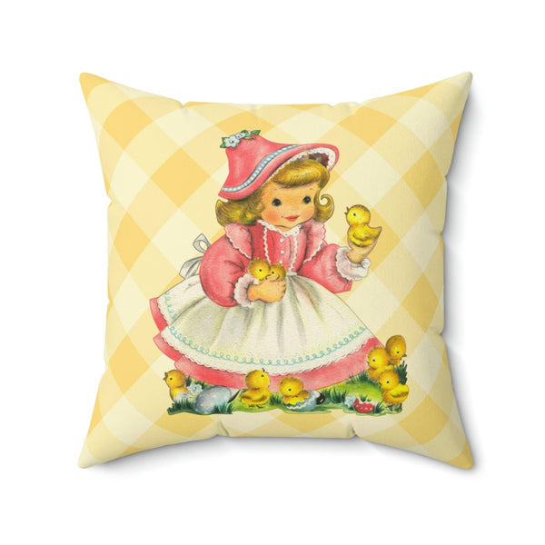 Retro Easter Vintage Girl with Chicks MCM Yellow Pillow | lovevisionkarma.com