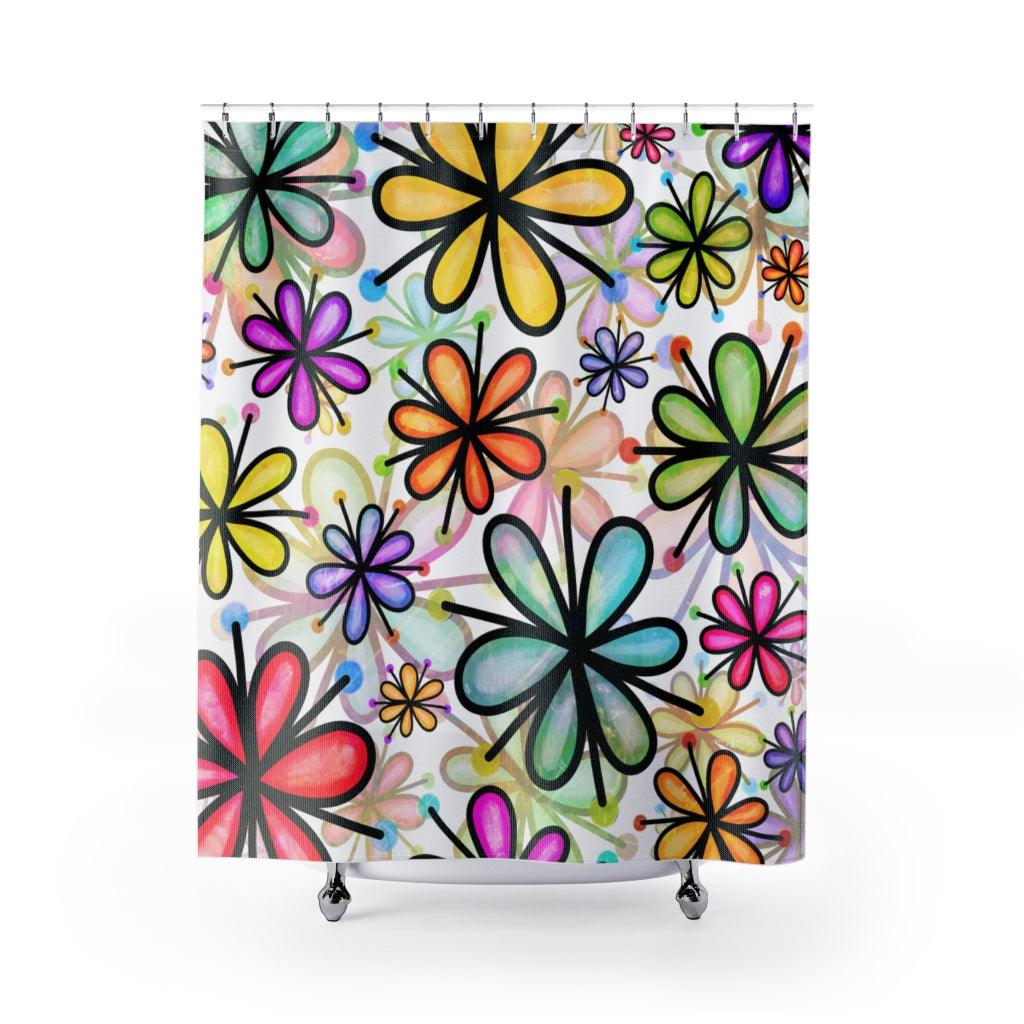 Groovy Flower Doodle Watercolor Style Shower Curtain | lovevisionkarma.com