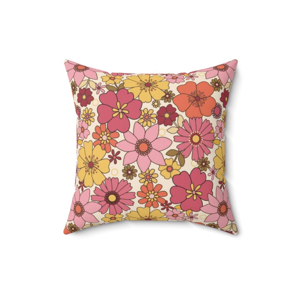 Retro Boho Flowers Pink, Yellow & Orange MCM Pillow | lovevisionkarma.com