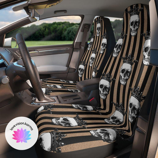 Crowned White Skulls Glam Goth Brown & White Car Seat Covers | lovevisionkarma.com