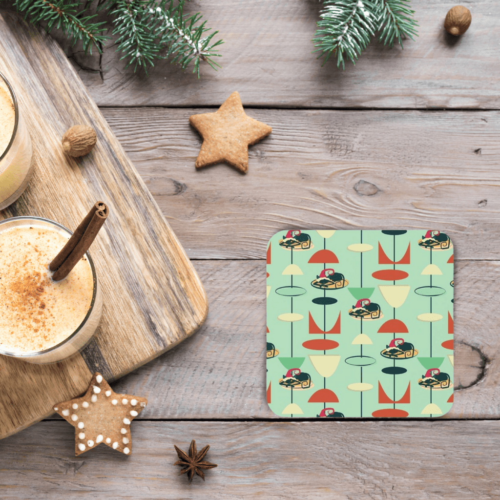 Retro Atomic Cat MCM Christmas Green Coaster Set | lovevisionkarma.com