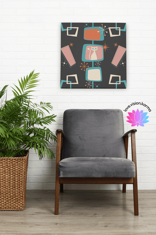 Mid Century Atomic White Cat & Starburst Multicolor Canvas Gallery Wrap | lovevisionkarma.com