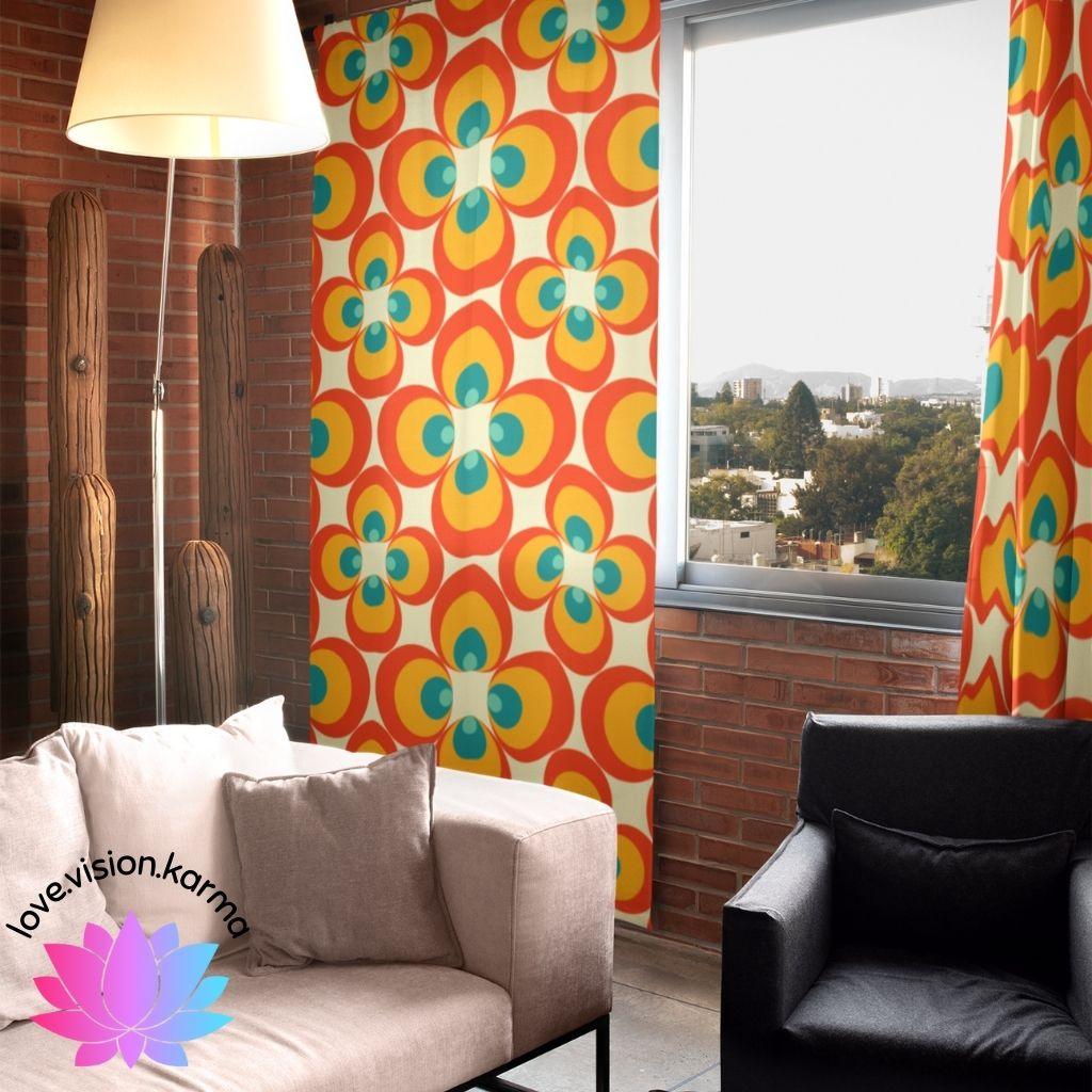 Retro 60s MCM Flower Orange & Blue Curtain Panels | lovevisionkarma.com