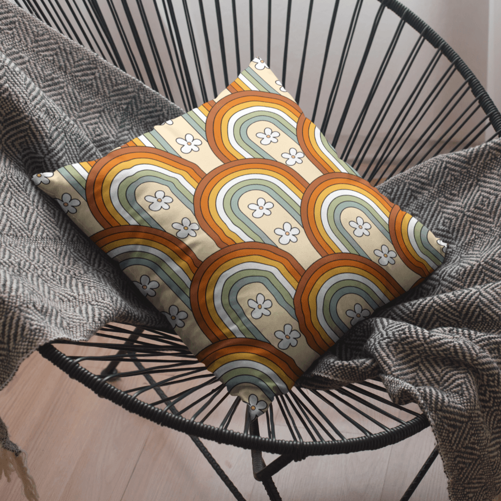 Boho Flowers and Retro Rainbows Multicolor MCM Pillow | lovevisionkarma.com