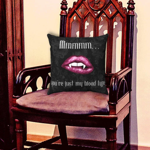 Vampire Lips Halloween Pillow "Just My Blood Type" Goth Glam Decor *Spun Poly* | lovevisionkarma.com