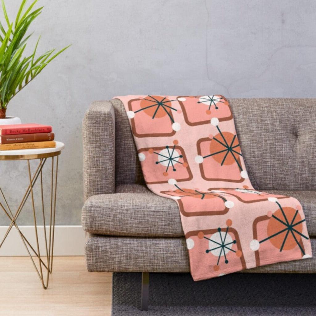 Mid Century Atomic Burst Pink & Coral Velveteen Lightweight Blanket | lovevisionkarma.com